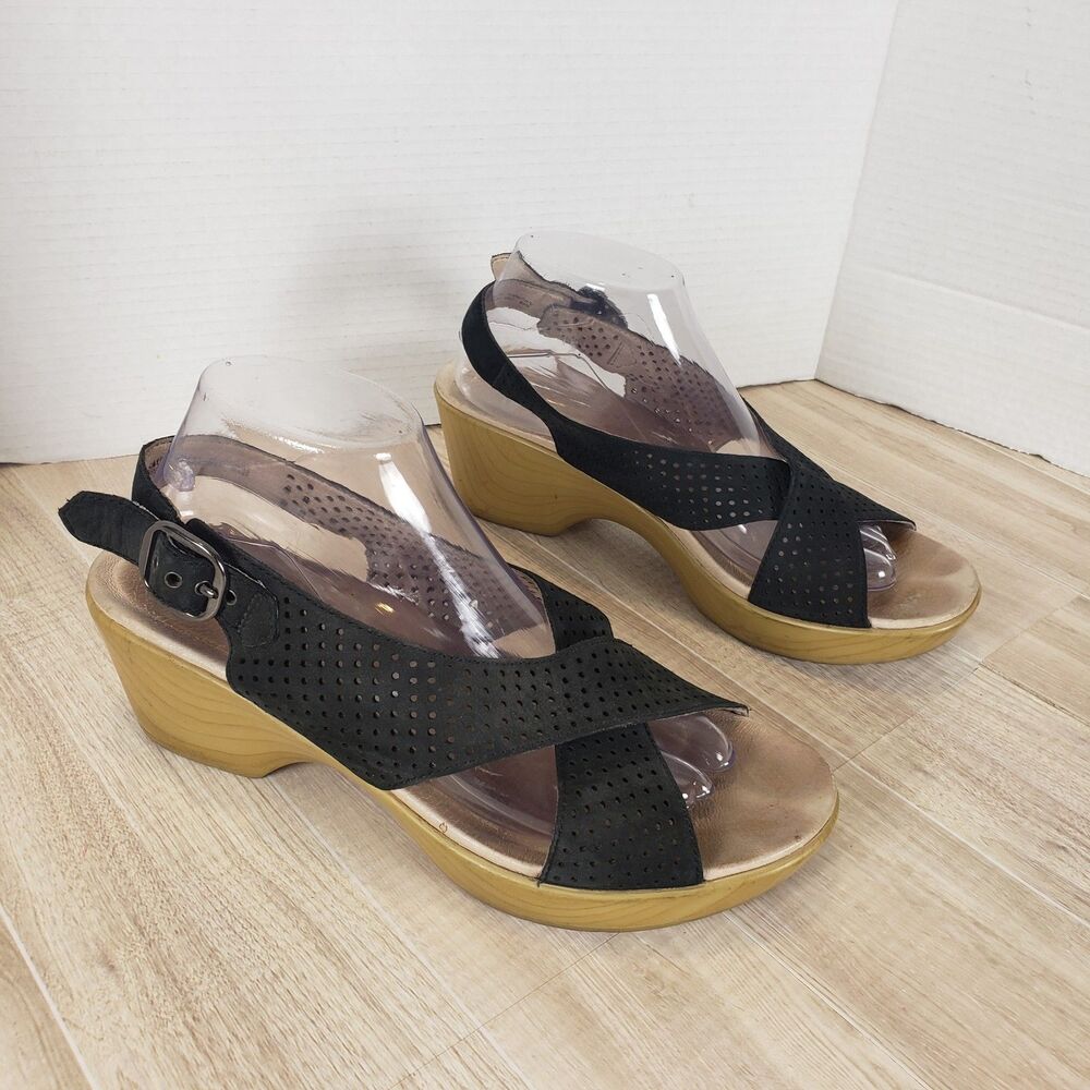 Dansko Jacinda Sandal Clog 41 EU 10 US Black Perforated Leather Slingback Wedge